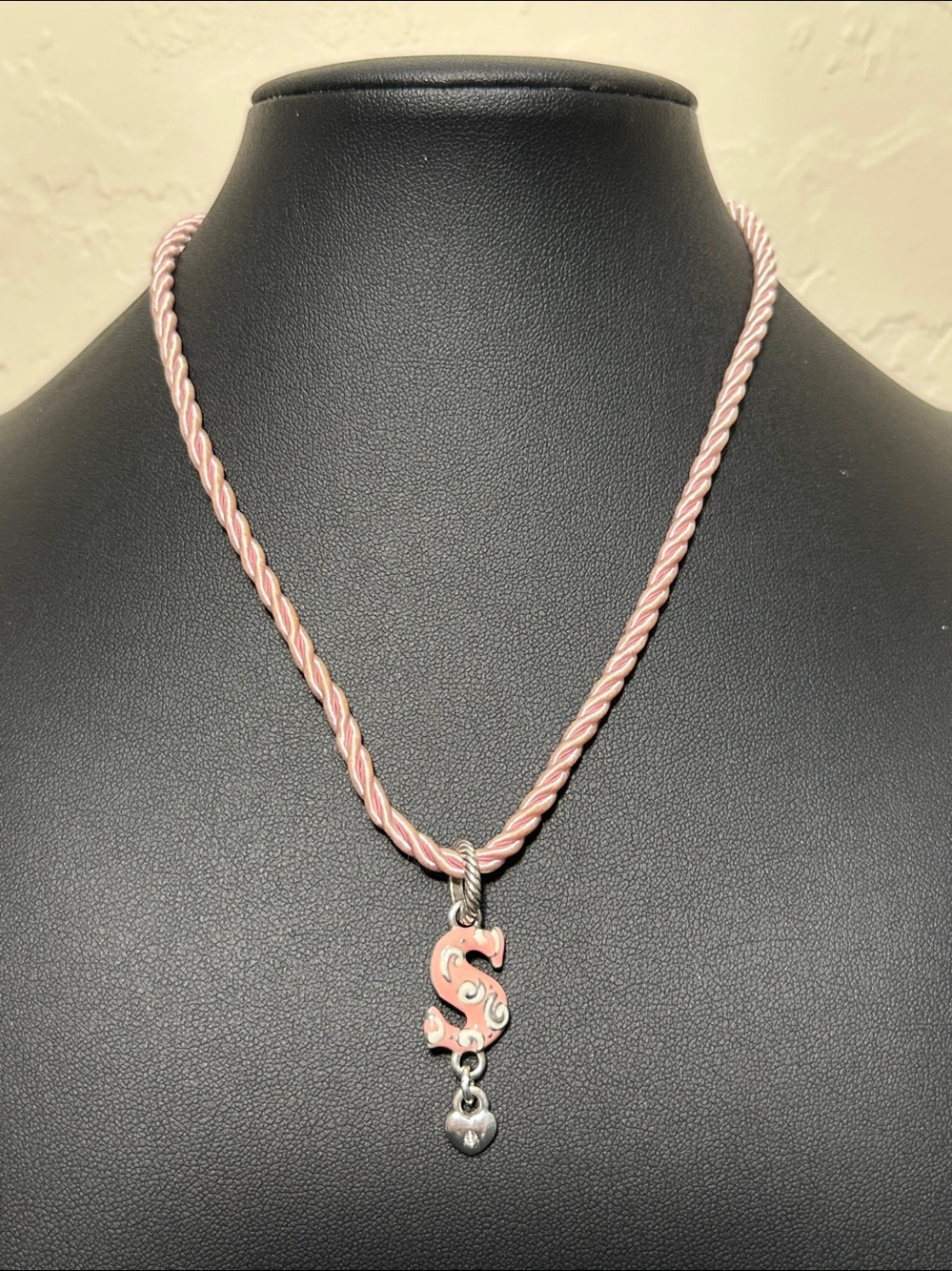 1990’s Cookie Lee Pink Initial "S" Rope Cord Charm Y2K Necklace